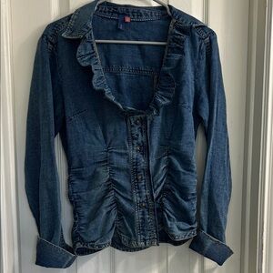 Pilcro Blue Denim shirred-waist ruffle neck top